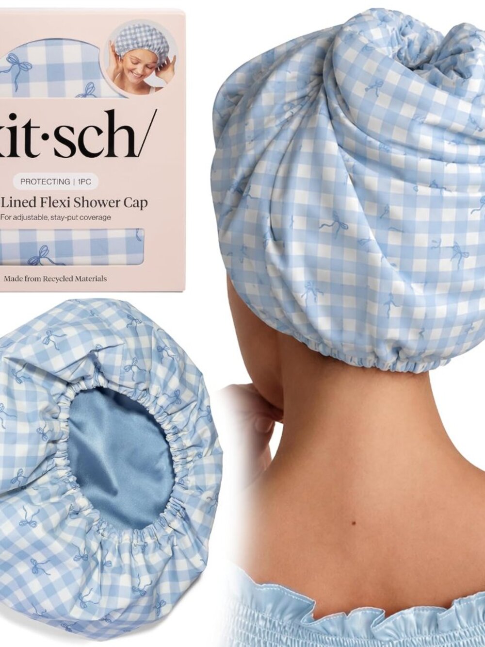 Luxury Satin-Lined Flexi Shower Cap for Women - Gingham Blue